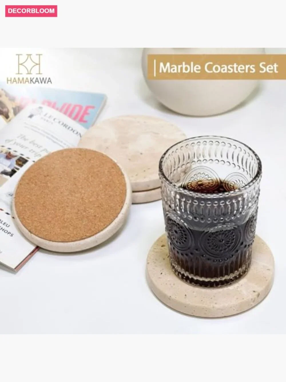Set of 4 Natural Travertine Coasters, Stone Drink Coasters